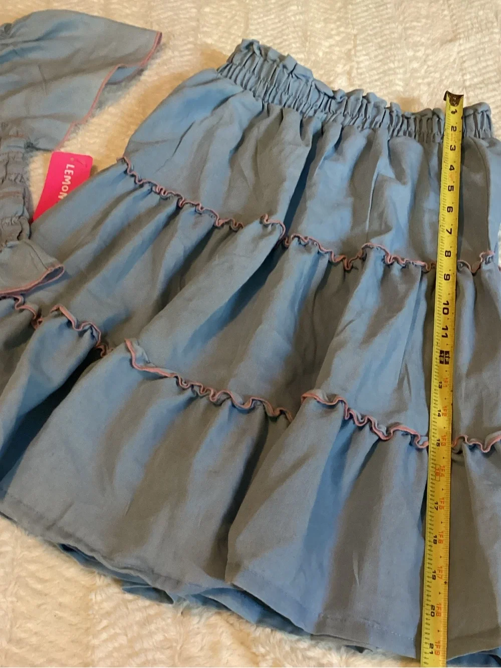 Girls Sz 10 Lemon Kiss Denim Shirt/skirt Matching Smocked Blue/pink Skirt Set